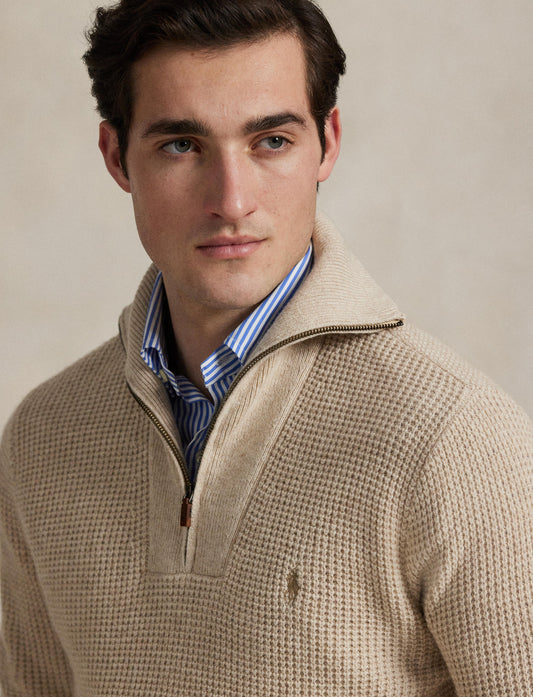Polo Ralph Lauren - Waffle Knit Wool-Cotton Quarter Zip Sweater - Natural Cream Heather