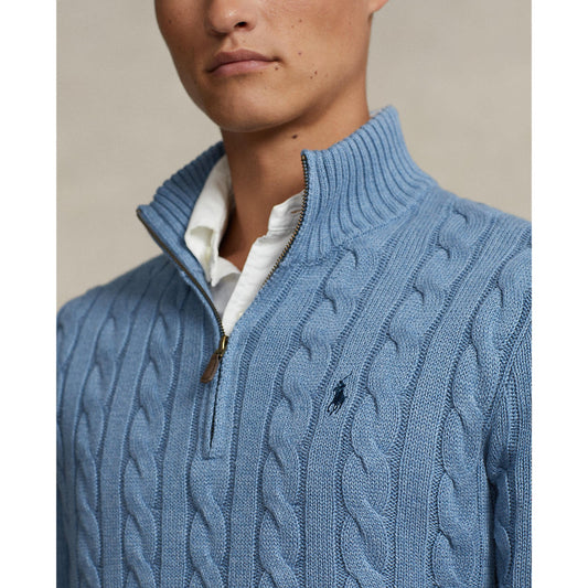 Polo Ralph Lauren - Cable Knit Quarter Zip Cotton Sweater - Sky Blue Heather