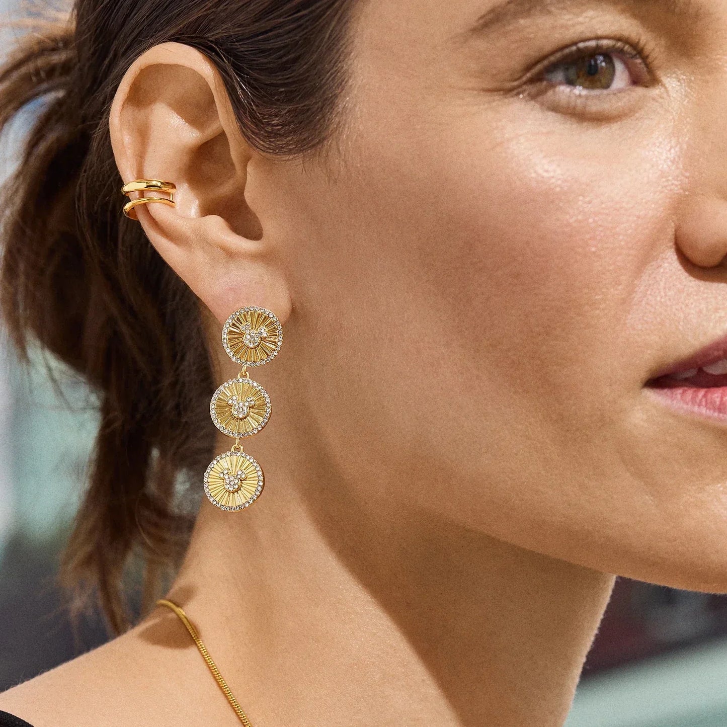 Mickey Mouse Disney Medallion Drop Earrings - Gold/Pavé