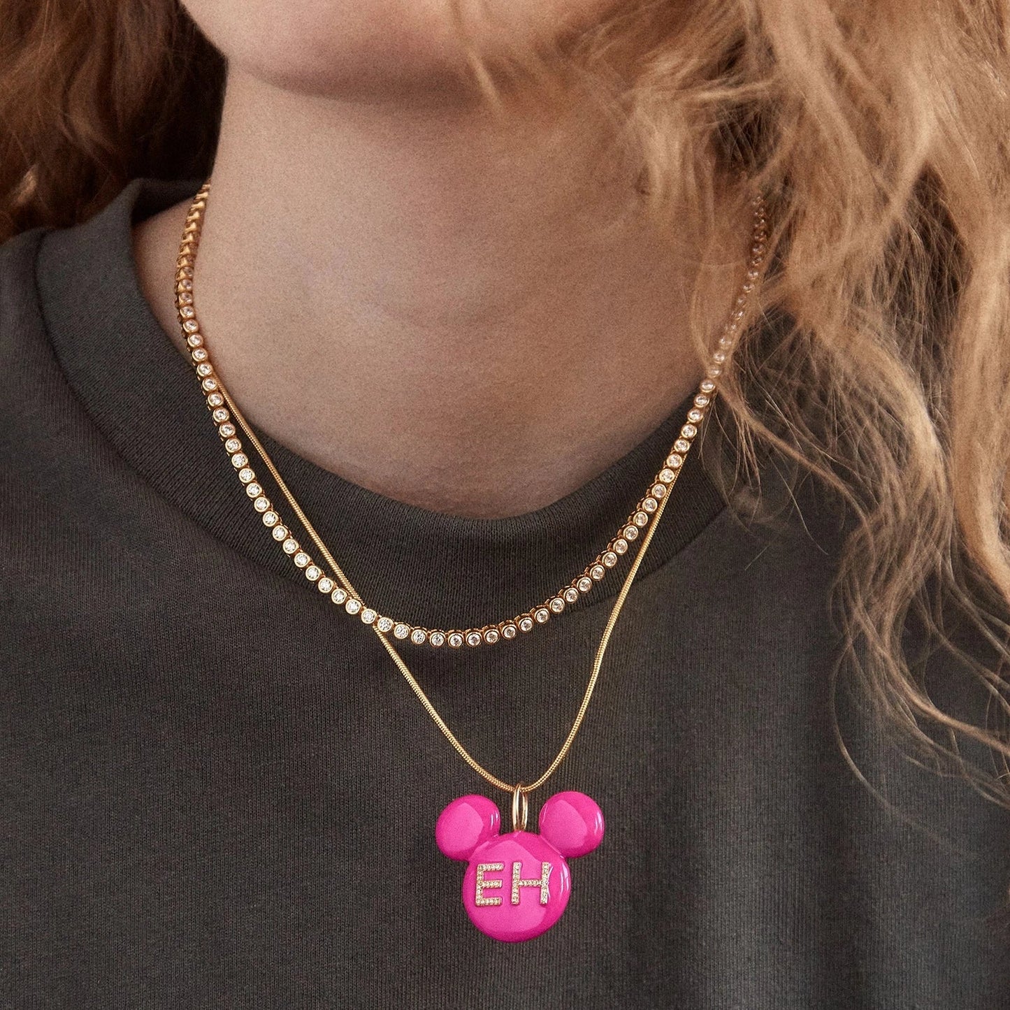 Disney Mickey Mouse Enamel Custom Initial Necklace - Pink