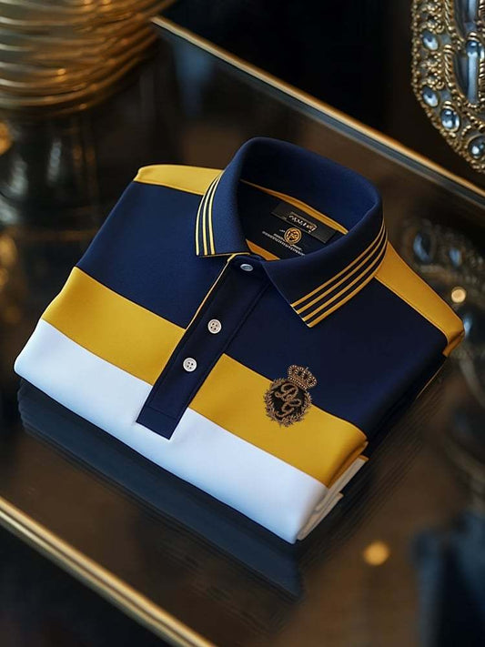 Men's Classic Business Check Logo Button Short Sleeve Polo Shirt
