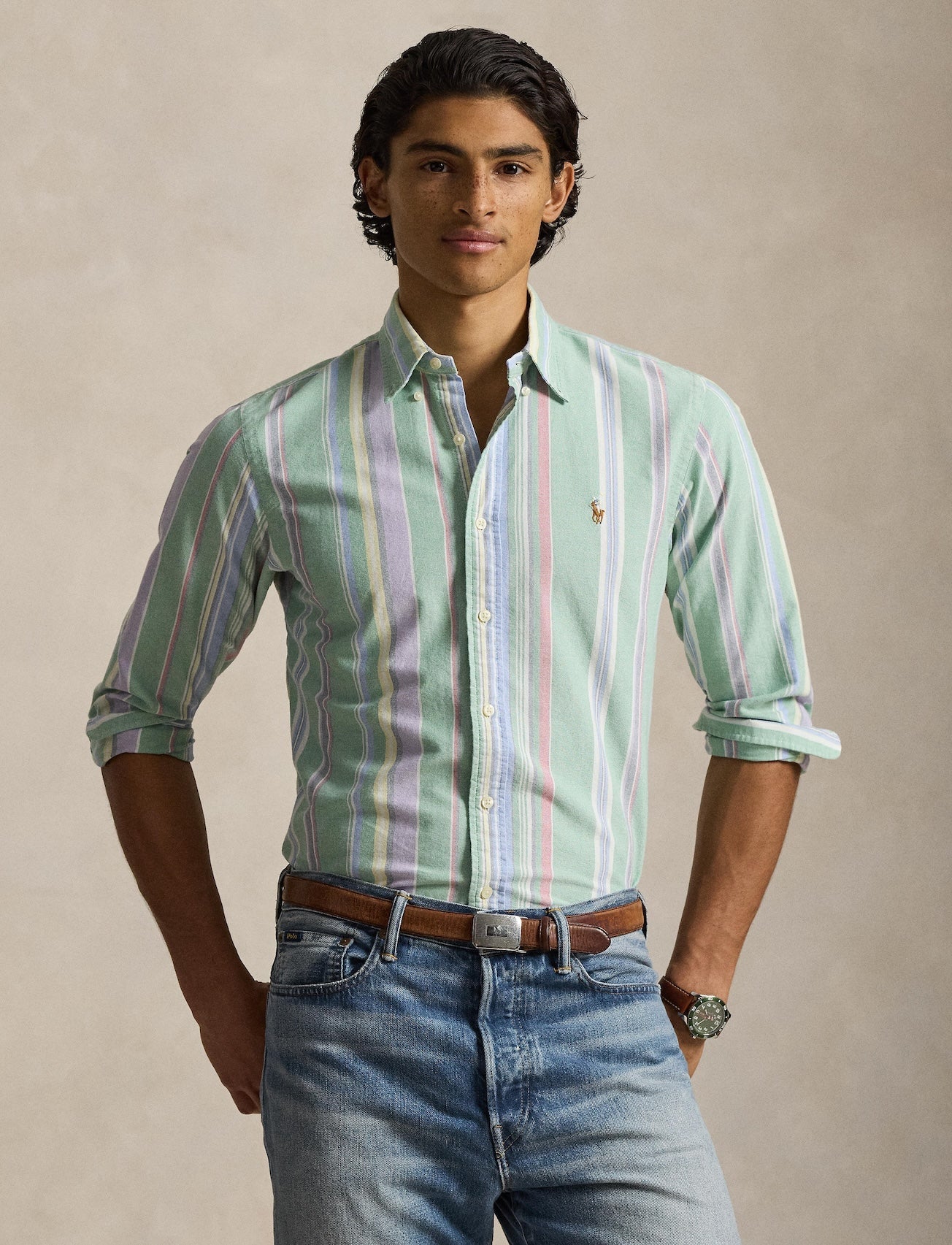 Polo Ralph Lauren - Custom Fit Striped Oxford Shirt - Striped - Multi Green/Purple