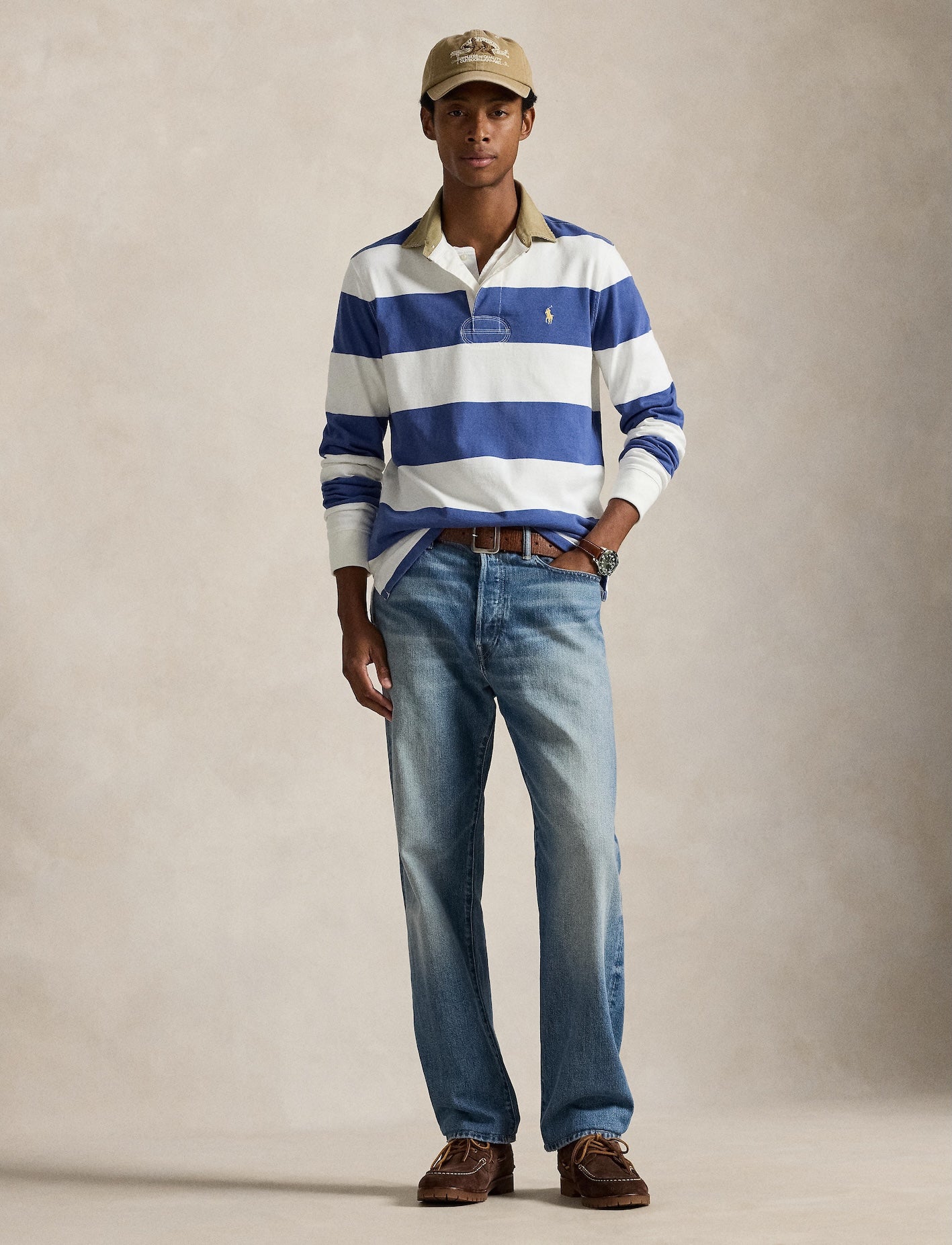 Polo Ralph Lauren - Knit Rugby Shirt - Khaki-Collar - Striped - White/Blue