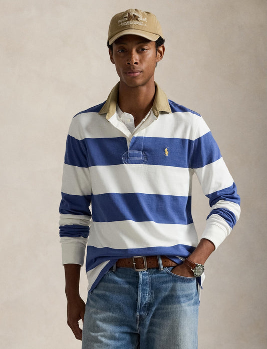 Polo Ralph Lauren - Knit Rugby Shirt - Khaki-Collar - Striped - White/Blue