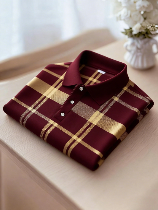 Men's Business Casual Black and Yellow Plaid Button Short Sleeve Polo Shirt