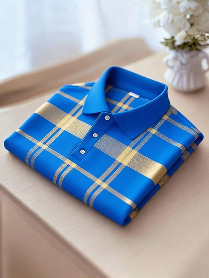 Men's Business Casual Black and Yellow Plaid Button Short Sleeve Polo Shirt