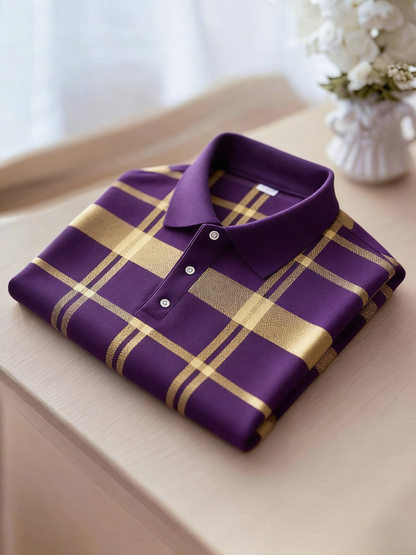 Men's Business Casual Black and Yellow Plaid Button Short Sleeve Polo Shirt