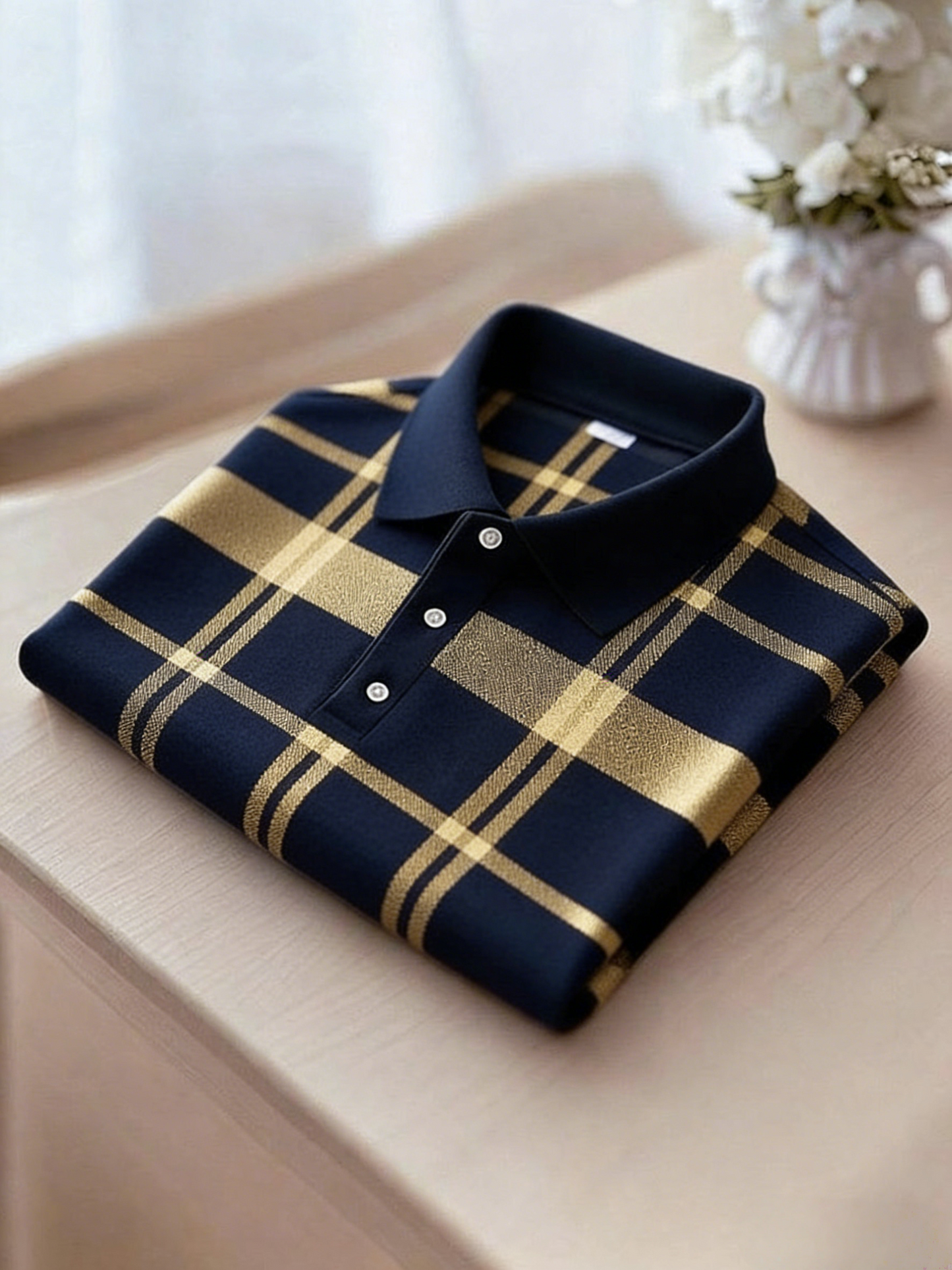 Men's Business Casual Black and Yellow Plaid Button Short Sleeve Polo Shirt
