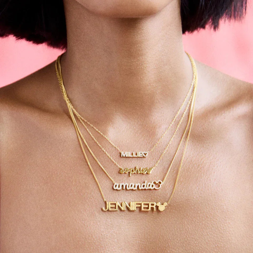 Disney Mickey Mouse 14K Gold Plated Sterling Silver Custom Nameplate Necklace - Gold/Pavé