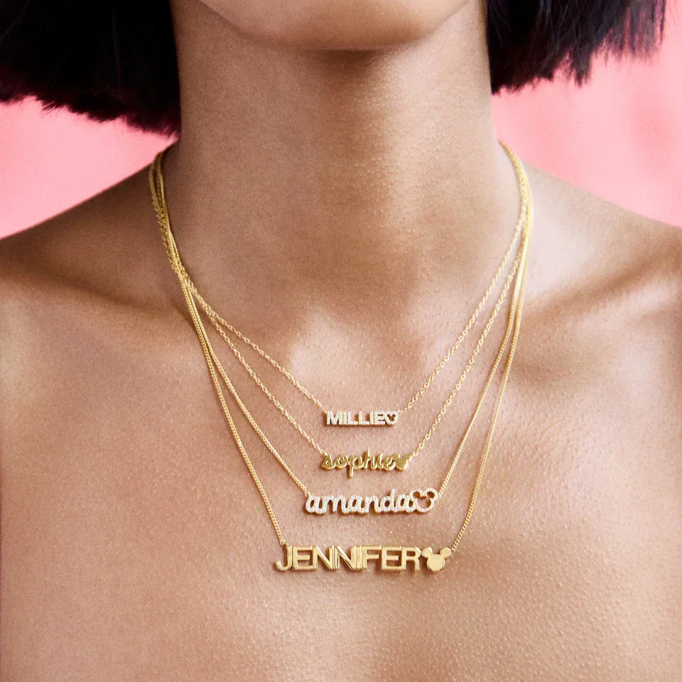 Disney Mickey Mouse 14K Gold Plated Sterling Silver Custom Nameplate Necklace - Gold/Pavé