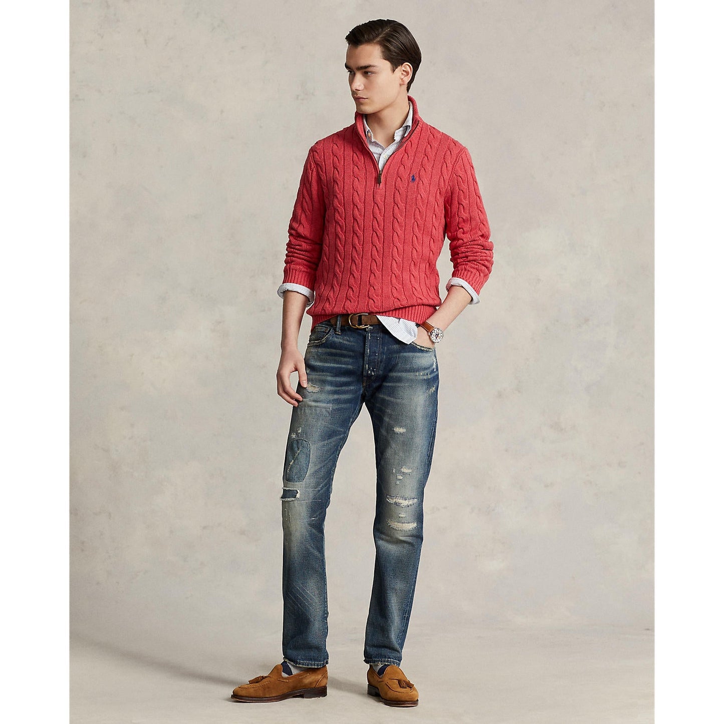 Polo Ralph Lauren - Cable Knit Quarter Zip Cotton Sweater - Flush Red Heather