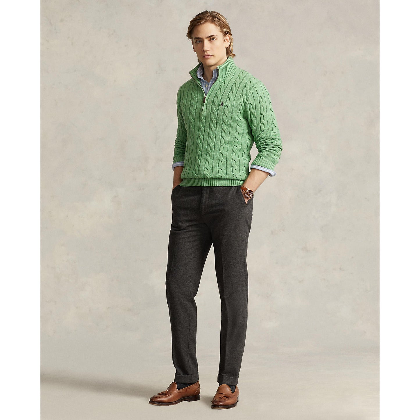 Polo Ralph Lauren - Cable Knit  Quarter Zip Cotton Sweater - Green Heather